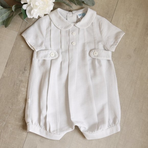 Boys Linen Romper Boutique 3/6 Month Portrait Special Occasion Vacation NWOT - Picture 1 of 4
